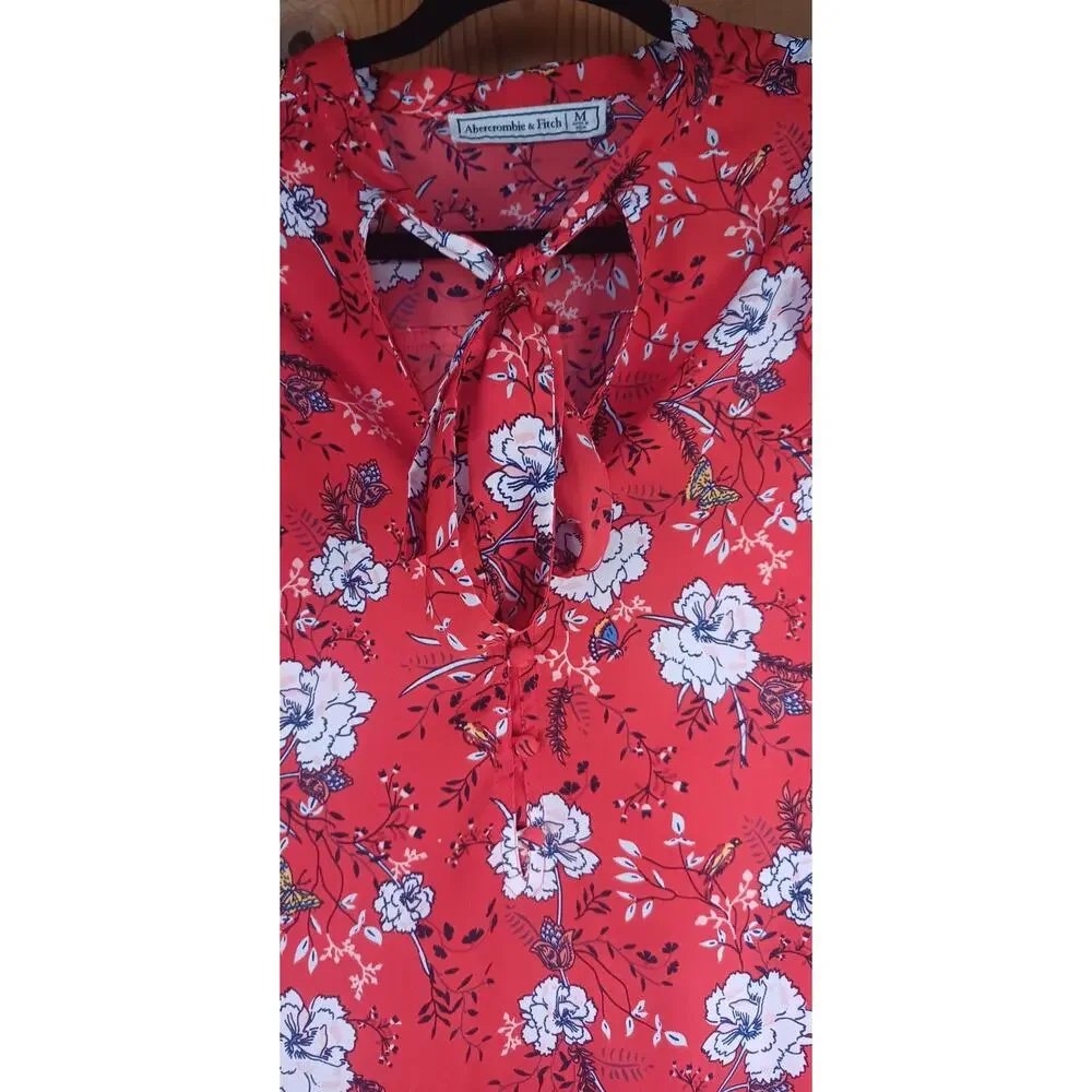 Abercrombie & Fitch Red Floral Tie Neck Blouse Medium Office Flutter Sleeve Top